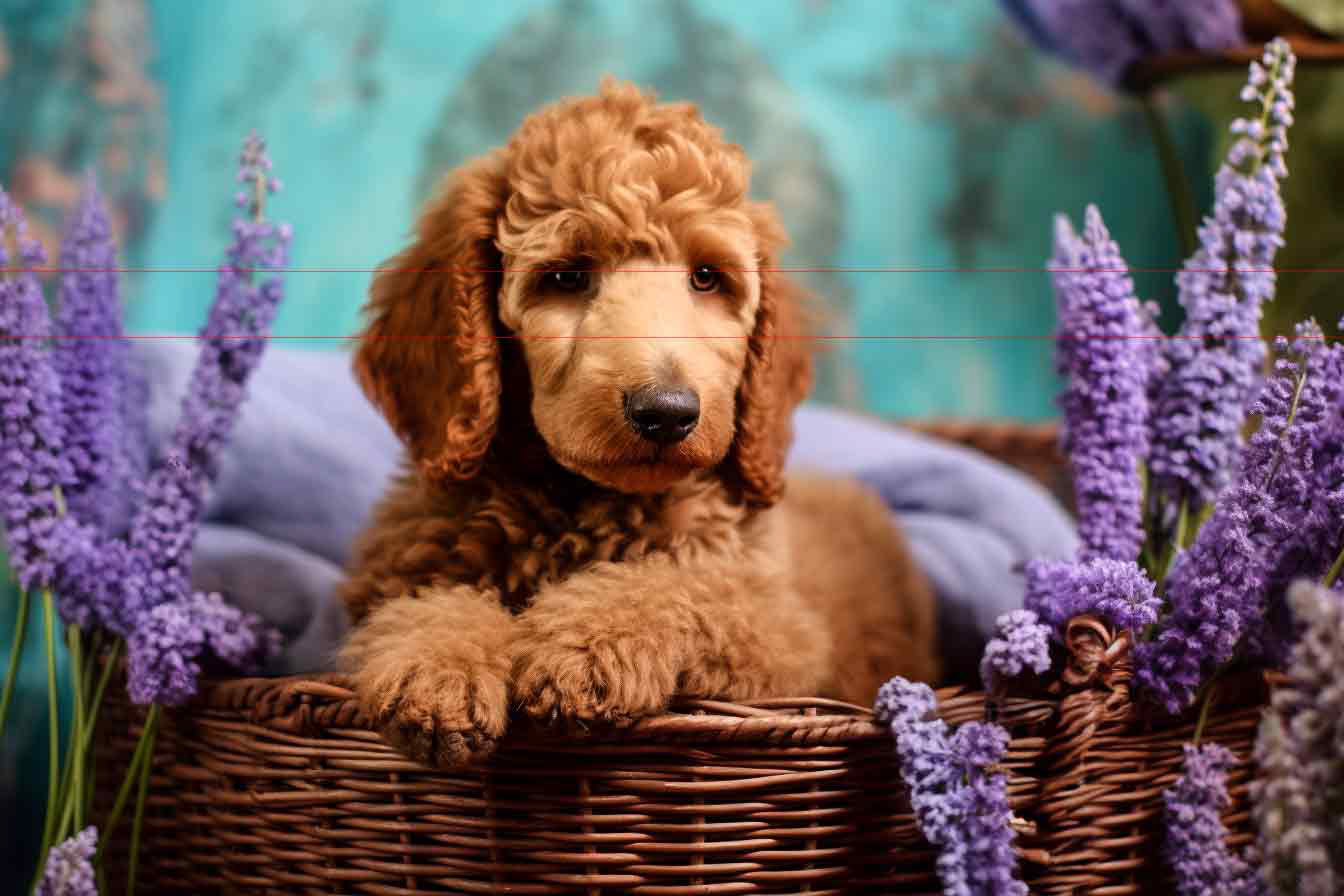 Standard Apricot Poodle Puppy In Basket with Lavender